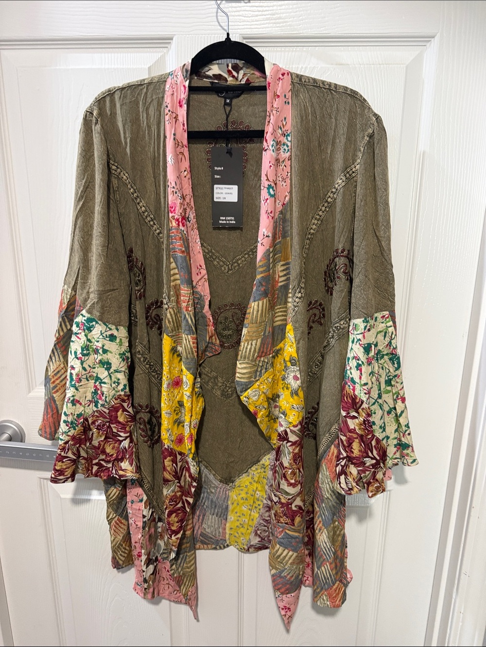 Young Threads Boho Patchwork Open-Front Kimono Jacket - Olive & Multicolor